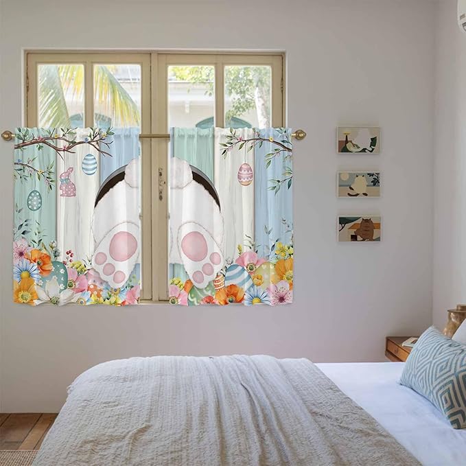 Easter Kitchen Curtains 45 Inch Long 2 Panel Set,Rod Pocket Window Treatment,Spring Watercolor Bunny Eggs Wood Grain Teal Blue Light Filtering Short Curtains & Drapes for Bathroom Laundry 52"W x 45"L