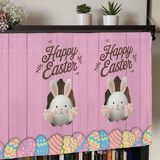 Pink Easter Curtain Valances for Windows, Kitchen Valance Window Treatment, Easter Bunny Eggs Spring Cartoon Farmhouse Wood Grain Light Filter Block Curtains for Bathroom/Bedroom/Living Room 60''x18''