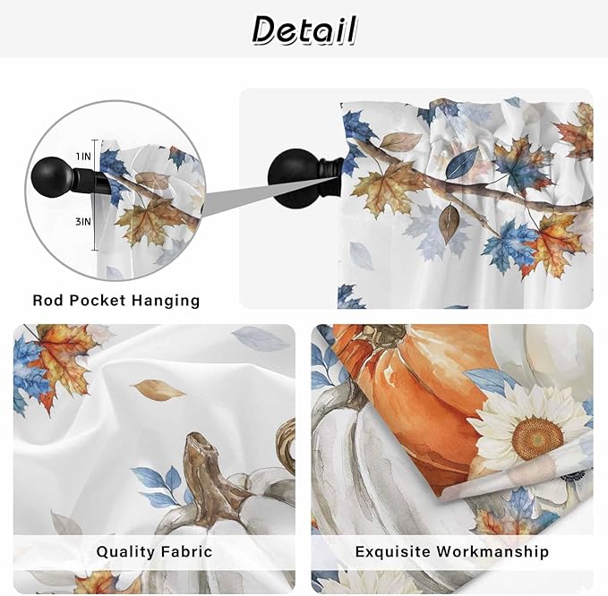 Navy Blue Pumpkin Fall Kitchen Curtains 45 Inch Long 2 Panel Set, Rod Pocket Window Treatment, Thanksgiving Maple Leaves Branches Light Filtering Panels Short Drapes for Bathroom Camper 42"W x 45"L