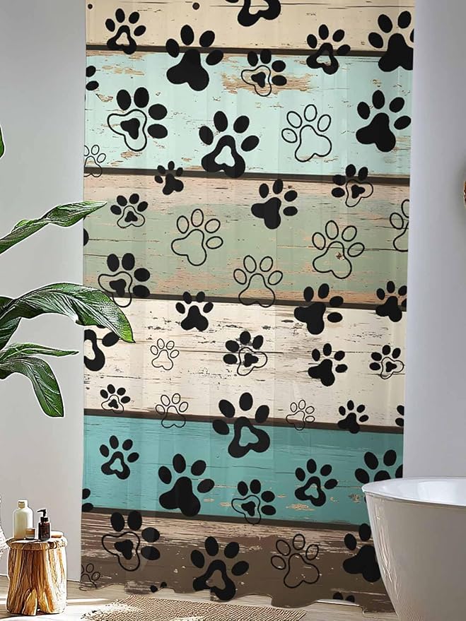 Sheer Curtains 96 Inches Long, Sage Green Brown Paw Prints Semi Sheer Curtains Light Filtering Window Treatment, Vintage Farmhouse Wooden Grain Privacy Voile Drapes for Living Room Bedroom 52x96 Inch