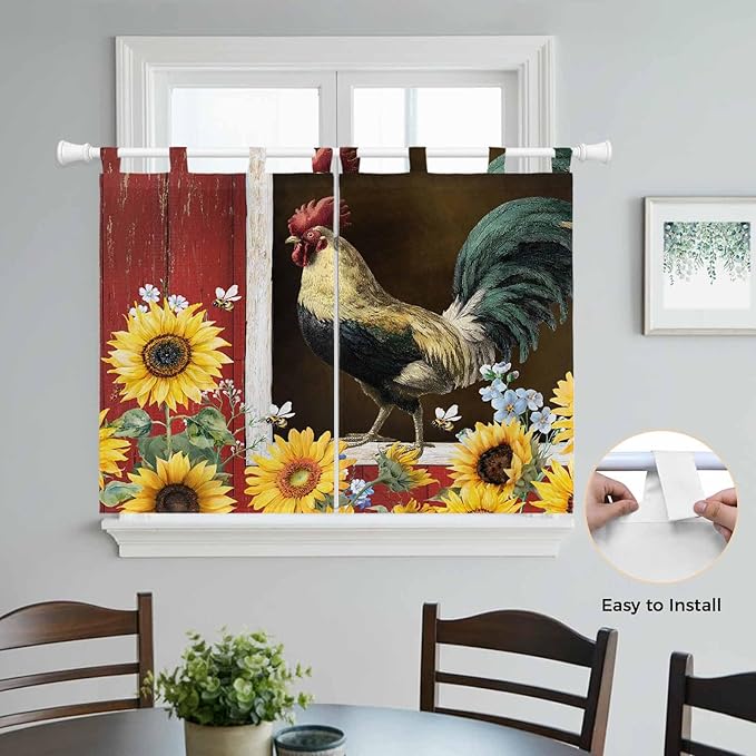 Chicken Sunflowers Kitchen Curtains 45 Inch Length, Short Cafe Window Curtains Tab Top, Farmhouse Animals Red Barn Bees Light Filtering Window Treatments Tier Drapes 27.5"x45" 2 Panel