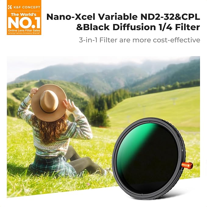K&F CONCEPT 72mm Black Diffusion Mist Effect 1/4 & Variable ND2-32(1-5 Stops) & Circular Polarizing Filter CPL-in 1 HD Lens Filter with 28 Multi-Coatings for Camera Lenses (Nano-X Series)