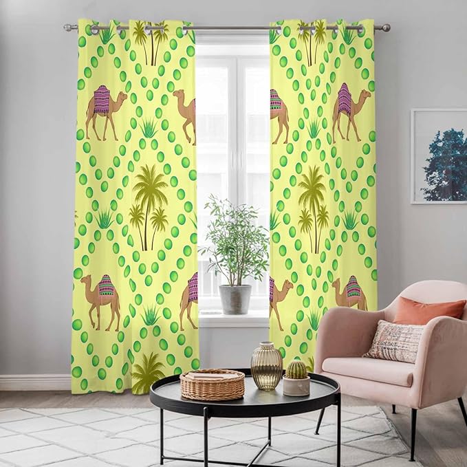 2 Panel Kitchen Cafe Curtains, Desert Sand Camels Sunlight Filtering Nature Air Through, Window Decor Tier Curtains for Living Room 80W x 84L inch Palm Trees Tropical Plants Polka Dot Yellow