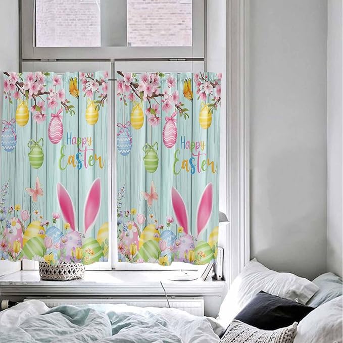 Happy Easter Kitchen Curtains 54 Inches Length, Spring Bunny Eggs Flower Teal Wood Grain Window Treatment Curtain Drapes, Decorative Window Curtains for Bedroom Cafe, 52"x54", 2 Panels