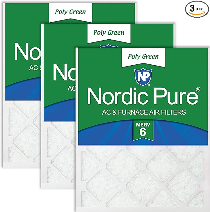 Nordic Pure 16x30x1 (Actual Size: 15 3/4 x 29 11/16 x 3/4) Poly Green MERV 6 AC Furnace Air Filters – Reduces Dust, Pollen, Pet Dander & Allergens – 3-Pack