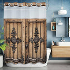 Wood Barn Door No Hook Shower Curtain with Snap in Liner Set, Waterproof Shower Curtains for Bathroom, Wooden Plank Fabric Shower Curtain, See Through Mesh Top Window, 72" W x 84" L