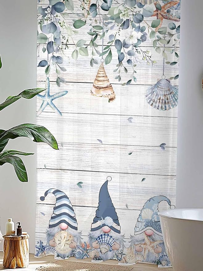 Sheer Curtains 108 Inches Long, Coastal Eucalyptus Leaf Semi Sheer Curtains Light Filtering Window Treatment, Ocean Blue Gnomes Starfish Wood Grain Privacy Voile Drapes for Living Room 52x108 Inch
