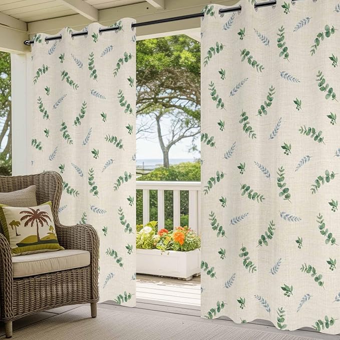Leaf Outdoor Curtains for Patio Summer Jugal Leaves Pastoral Plant Linen Waterproof Outside Curtains with Grommet Top Weatherproof Curtain for Cabana Pergola Gazebo, 1 Panel, 54" W x 84" L