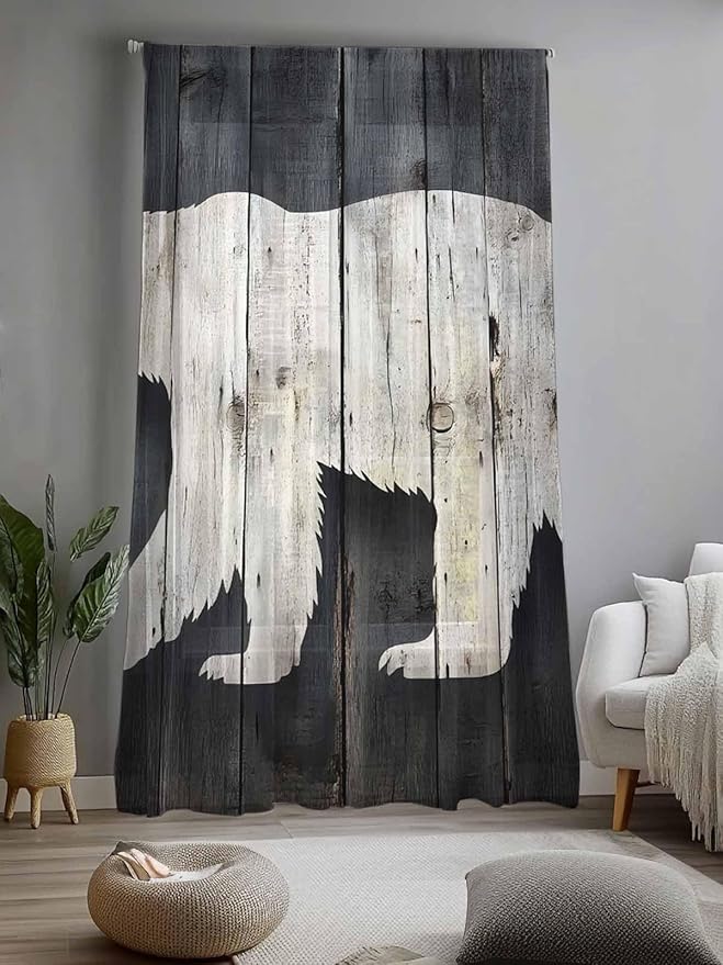 Sheer Curtains 96 Inches Long, White Brown Bear Semi Sheer Curtains Light Filtering Window Treatment, Rustic Counrty Vintage Wood Grain Privacy Voile Drapes for Living Room Bedroom 52x96 Inch