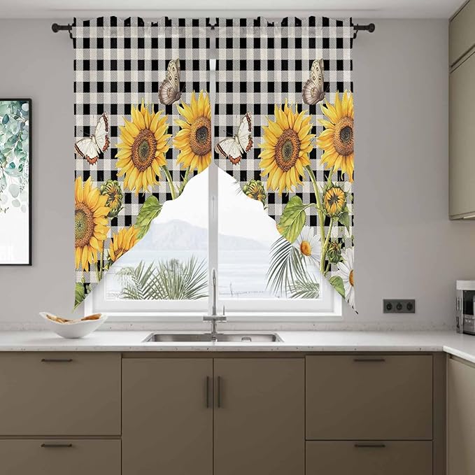 Sunflowers Swag Valances for Windows, Yellow Flowers Butterfly Farmhouse Black Plaid Rod Pocket Kitchen Curtains Valance, Kitchen Window Curtains Swag for Cafe Living Room, 2 Panels, 36x45 inch