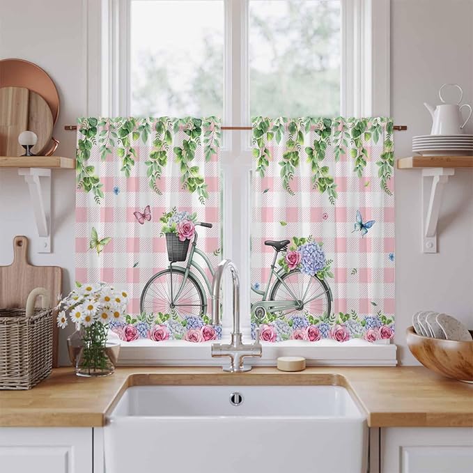 Spring Kitchen Curtains, Bicycles Leaves Butterfly Flowers Pink Buffalo Plaid Light Filtering Window Curtain Panels, 2Pcs Rod Pocket Window Treatments Set for RV Dining Room Study Room 42x54 Inches
