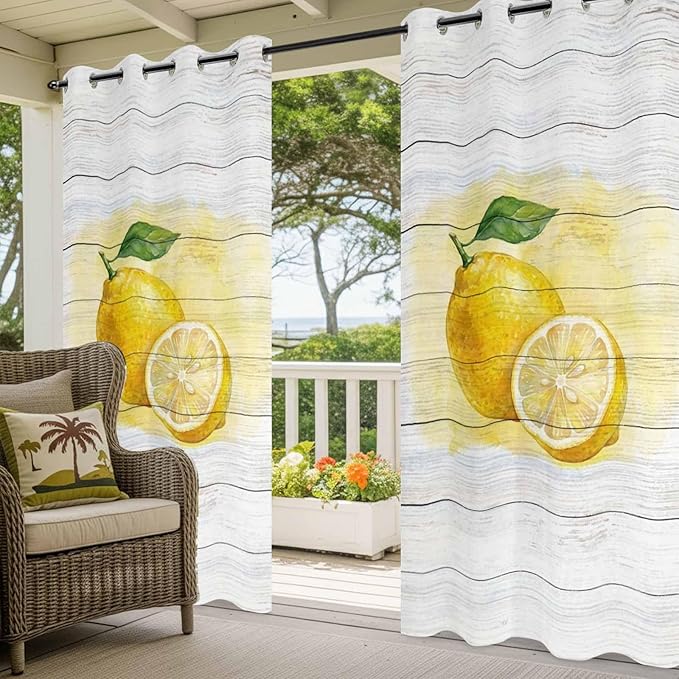 Lemons Yellow Summer Fruit Vintage Wood Outdoor Curtains for Patio Waterproof Outside Curtains with Grommet Top Weatherproof Curtain for Cabana Pergola Gazebo, 1 Panel, 54" W x 95" L