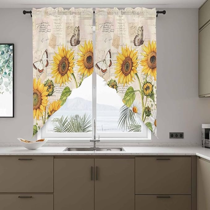 Yellow Sunflowers Swag Valances for Windows, Country Farm Butterfly Flower Light Beige Rod Pocket Kitchen Curtains Valance, Kitchen Window Curtains Swag for Cafe Living Room, 2 Panels, 36x45 inch