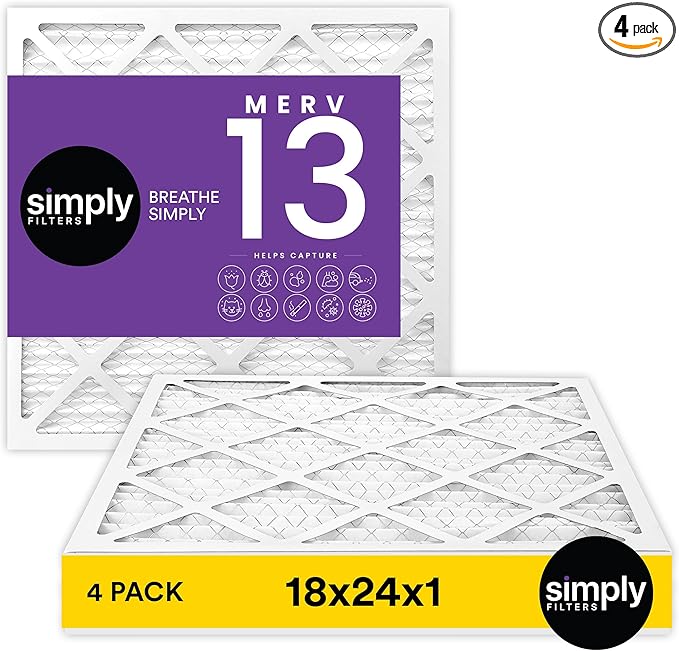 Simply 18x24x1 Air Filter, MERV 13, 4 Pack, For Home AC Furnace & HVAC (Actual Size: 17.75"x23.75"x0.75") DUST, Pet, & Allergy Control