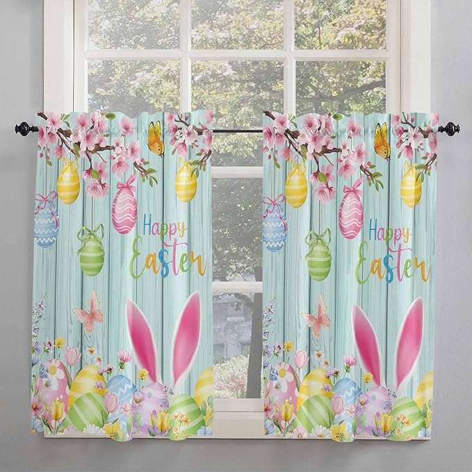 Happy Easter Kitchen Curtains 45 Inches length, Spring Bunny Eggs Flower Teal Wood Grain Window Treatment Curtain Drapes, Lightweight Window Panels for Living Room Bedroom, 52"x45", 2 Panels