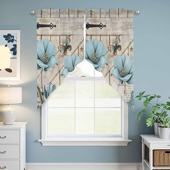 Teal Blue Tulips Swag Valances for Windows, Spring Floral Barn Doors Vintage Wood Beige Rod Pocket Kitchen Curtains Valance, Small Window Curtains Swag for Cafe Living Room, 2 Panels, 28x36 inch