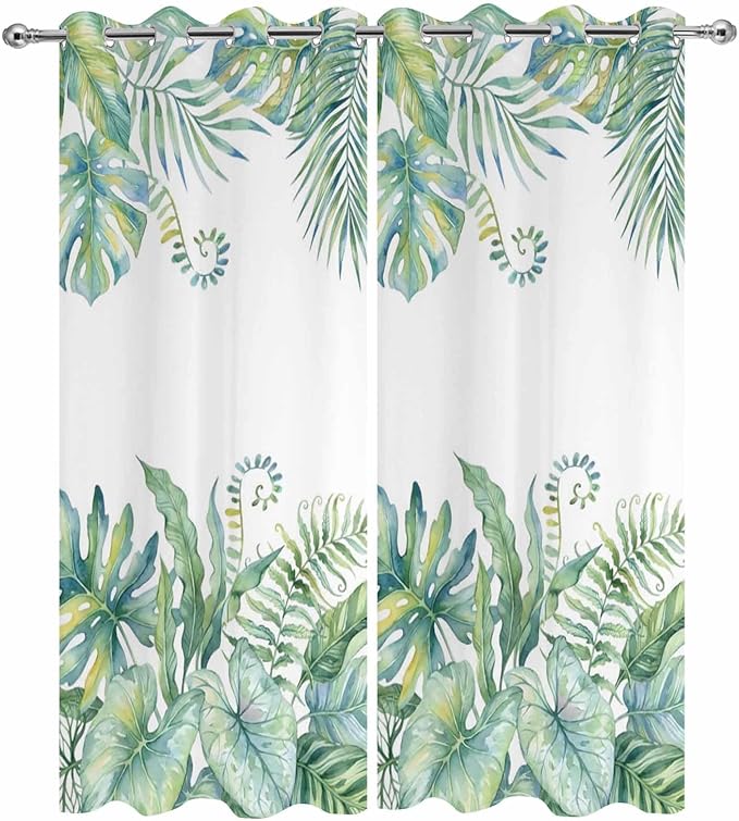 Leaves Outdoor Curtains for Patio Green Leaf Tropical Plants Farmhouse Pastoral Waterproof Outside Curtains with Grommet Top Weatherproof Curtain for Cabana Pergola Gazebo, 2 Pack, 54" W x 84" L