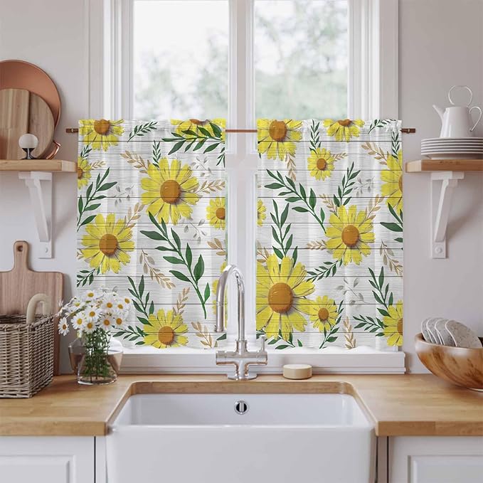 Yellow Daisy Kitchen Curtains, Farmhouse Country Flower Leaf Plant Wood Grain Light Filtering Window Curtain Panels, 2Pcs Rod Pocket Window Treatments Set for RV Dining Room Study Room 42x54 Inches