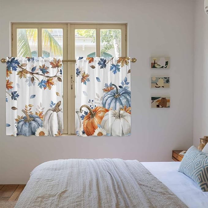 Navy Blue Pumpkin Fall Kitchen Curtains 54 Inch Long 2 Panel Set,Rod Pocket Window Curtains Panels,Thanksgiving Maple Leaves Branches Light Filtering Drapery Draperies for Bathroom Bedroom 52"W x 54"L