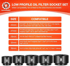 BLACKROBOT 5 Pieces 3/8” Drive Low Profile Oil Filter Socket Set, Metric Size 24mm, 27mm, 29mm, 32mm, 36mm, Chrome Vanadium Steel, 6 Point Design, Oil Filter Cap Remover and Installer Tool Set