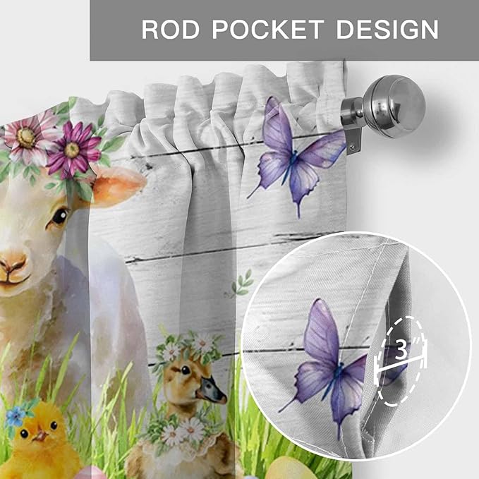 Easter Curtain Valances for Windows, Kitchen Valance Window Treatment, Spring Sheep Bunny Duck Plants Wooden Grain Light Filtering Block Curtains for Bathroom/Bedroom/Living Room 42'' x 18''