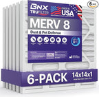 BNX TruFilter 14x14x1 Air Filter MERV 8 (6-Pack) - MADE IN USA – Dust & Pet Defense Pleated Air Conditioner HVAC AC Furnace Filters for Dust, Pet, Mold, Pollen MPR 600 – 700 & FPR 5