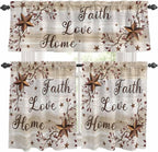 Kitchen Curtains Tiers and Valance Set of 3, Texas Star Brown Light Filtering Window Curtain Set, Farmhouse Retro Branches Wooden Grain Rod Pocket Curtain Drapes for Cafe, Living Room, 24 Inches Tiers