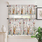 Kitchen Curtains Tiers and Valance Set of 3, Easter Light Filtering Window Curtain Set, Spring Bunny Butterfly Botanical Wooden Grain Rod Pocket Curtain Drapes for Cafe, Living Room, 24 Inches Tiers