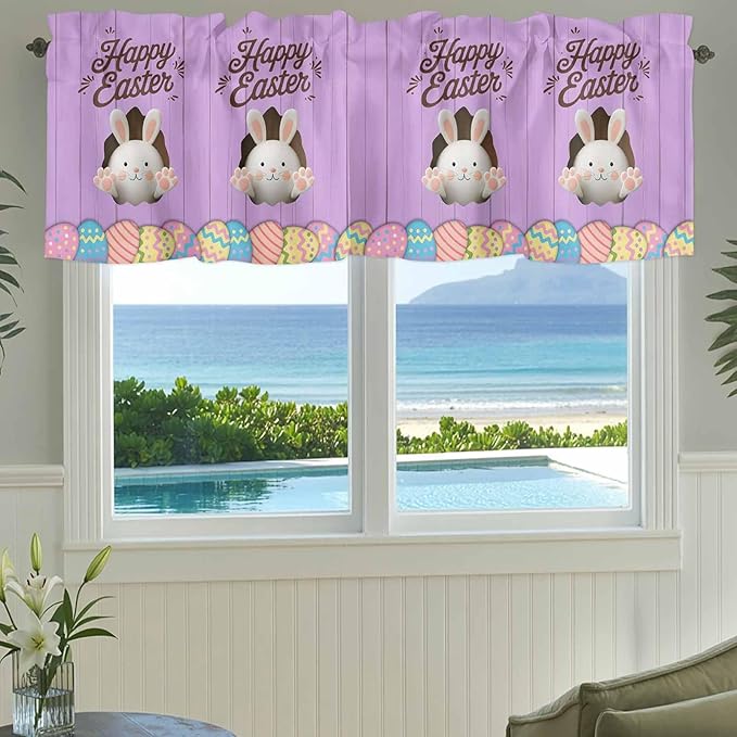 Purple Easter Curtain Valances for Windows, Kitchen Valance Window Treatment, Spring Cartoon Bunny Colorful Eggs Wood Grain Light Filtering Block Curtains for Bathroom/Bedroom/Living Room 54'' x 18''