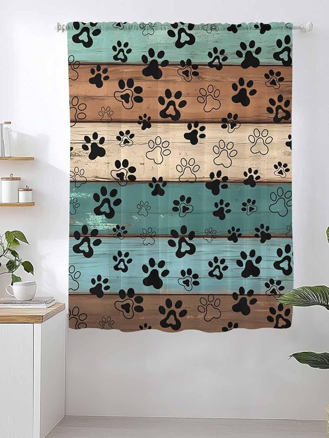 Sheer Curtains 72 Inches Long, Green Brown Paw Print Semi Sheer Curtains Light Filtering Window Treatment, Vintage Farmhouse Country Wooden Grain Privacy Voile Drapes for Living Room 52x72 Inch