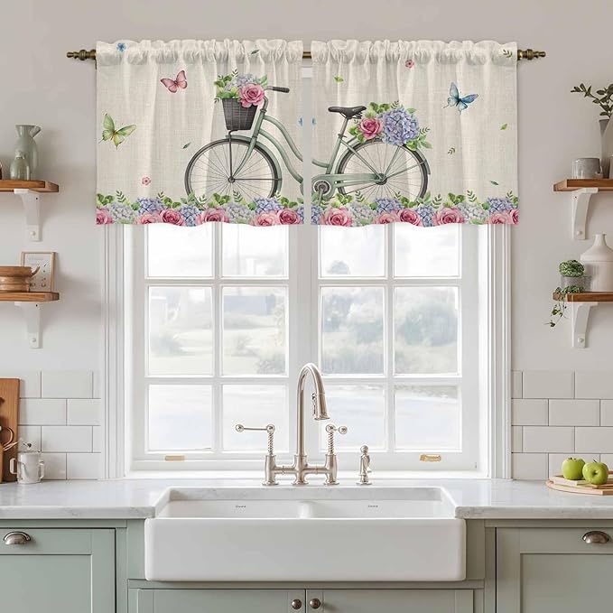 Farmhouse Spring Tier Curtains, Retro Bicycles Flowers Vines Butterfly Light Filtering Kitchen Curtains, 2Pcs Rod Pocket Half Window Treatments Panels for Sink Cafe Cabinet Camper 27.5x24 Inches