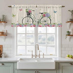 Farmhouse Spring Tier Curtains, Retro Bicycles Flowers Vines Butterfly Light Filtering Kitchen Curtains, 2Pcs Rod Pocket Half Window Treatments Panels for Sink Cafe Cabinet Camper 27.5x24 Inches