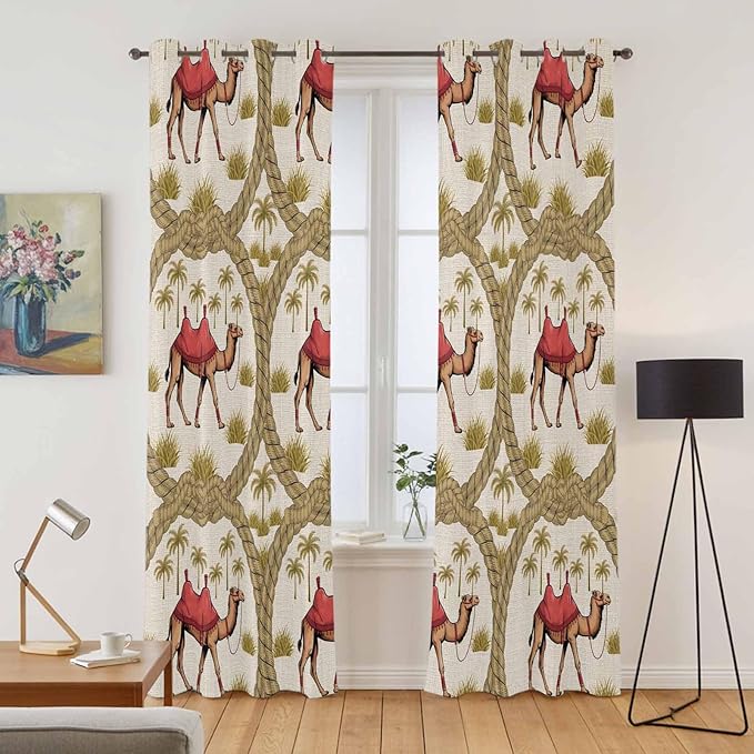 2 Panel Kitchen Cafe Curtains, Camels Palm Trees Sunlight Filtering Nature Air Through, Window Decor Tier Curtains for Living Room 80W x 84L inch Desert Date Coconut Trees Leaves Cords Beige