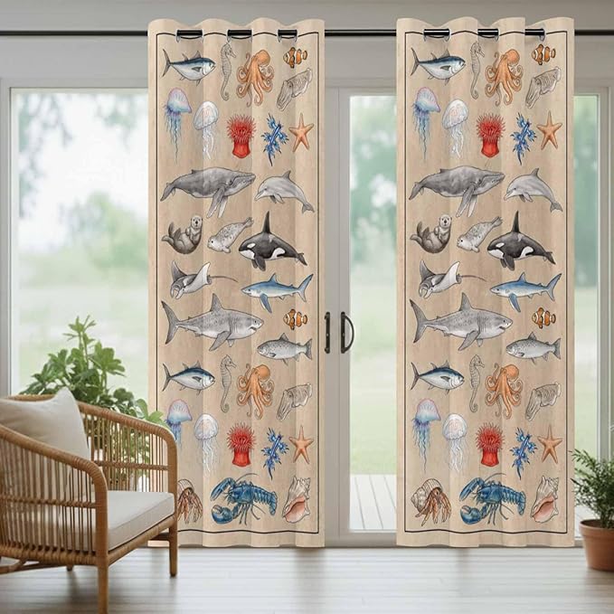 Vintage Outdoor Curtains for Patio Sharks Whales Lobsters Biographies Waterproof Outside Curtains with Grommet Top Weatherproof Curtain for Cabana Pergola Gazebo, 1 Panel, 54" W x 108" L