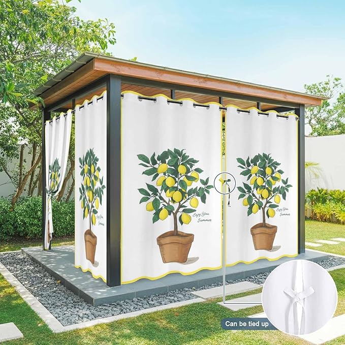 Lemons Outdoor Curtains for Patio Summer Fruit Lemon Tree Waterproof Outside Curtains with Grommet Top Weatherproof Curtain for Cabana Pergola Gazebo, 2 Pack, 54" W x 95" L