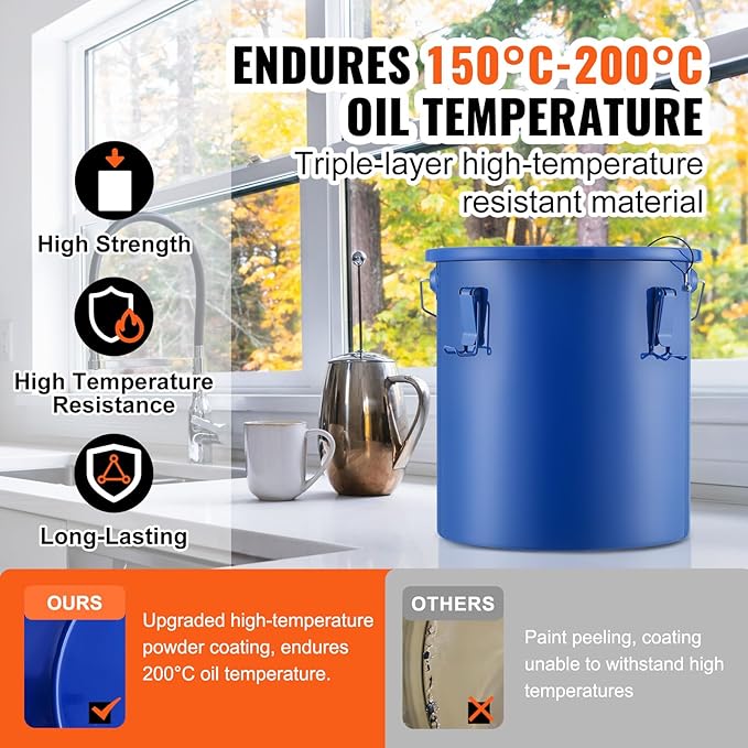 VEVOR Fryer Grease Bucket - 6 Gal Carbon Steel Oil Disposal Caddy with Rust-Proof Coating, Transport Container with Lid, Lock Clips, Filter Bag for Hot Cooking Oil Filtering