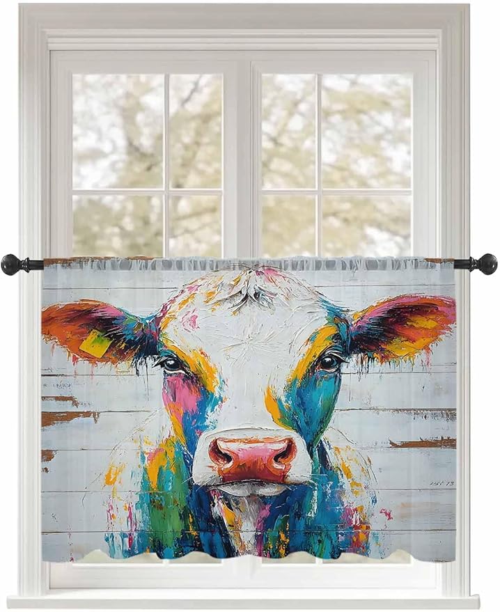 Sheer Curtains 45 Inch Length, Farmhouse Oil Painting Semi Sheer Curtains Light Filtering Window Treatment, Colorful Cow Animal Wooden Grain Privacy Voile Drapes for Living Room Bedroom 52x45 Inch