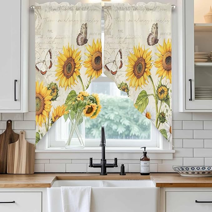 Farm Sunflowers Swag Valances for Windows, Retro Flowers Butterfly Botanical Beige Rod Pocket Kitchen Curtains Valance, Kitchen Window Curtains Swag for Cafe Bathroom Living Room, 2 Panels, 36x63 inch
