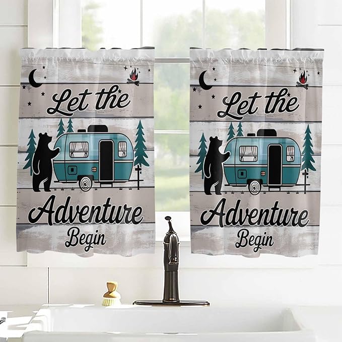 Farmhouse Bear Camper Van Tree Window Valance Curtains, Vintage Wood Grain Light Filtering Kitchen Valance with 3-inch Rod Pocket for Living Room Bathroom Bedroom,2 Panel,52x54In
