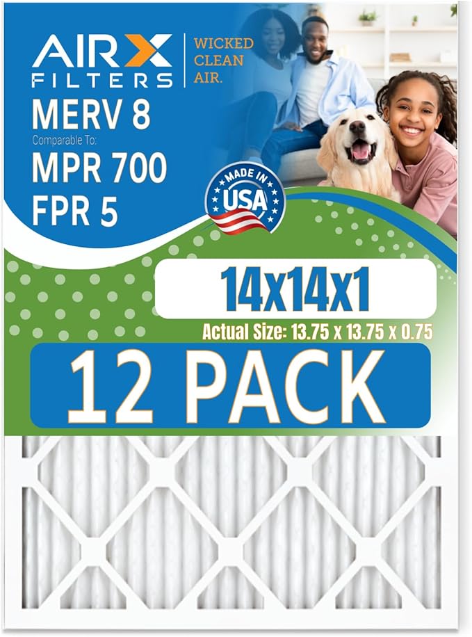 14x14x1 Air Filter MERV 8 Rating, 12 Pack of Furnace Filters Comparable to MPR 700 & FPR 5 - Made in USA by AIRX FILTERS WICKED CLEAN AIR.