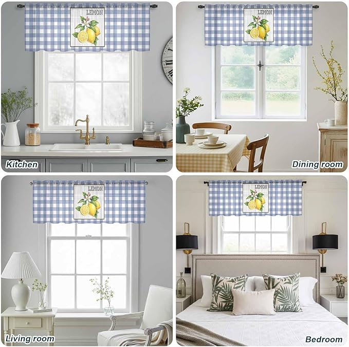 Lemon Sheer Valance Curtains, Summer Fruit Floral Wood Grain Blue Plaid Light Filtering Kitchen Valances Rod Pocket Voile Curtain Window Treatment for Bedroom/Living Room/Basement 60Wx18L