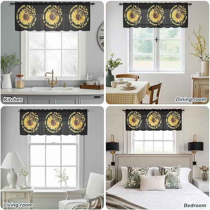 YOU ARE MY SUNSHINE Sheer Valance Curtains, Summer Sunflowers Golden Gradient Butterflies Light Filtering Kitchen Valances Rod Pocket Voile Curtain Treatment for Bedroom/Living Room/Basement 42Wx12L