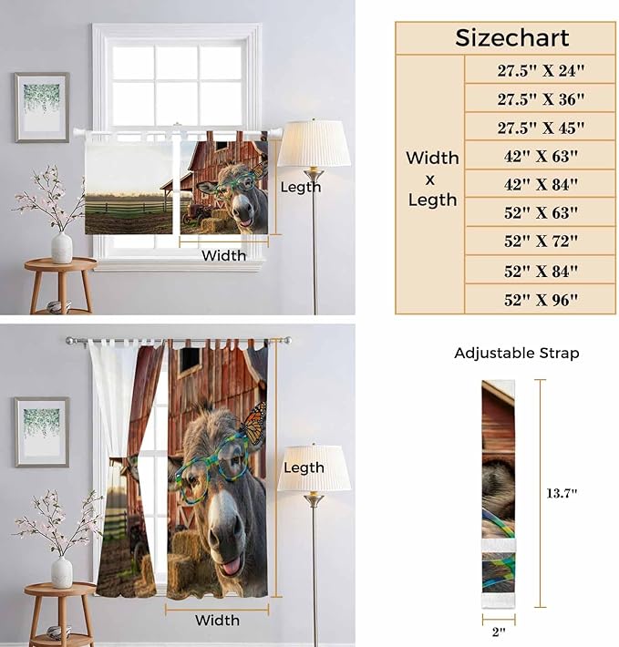 Farm Donkeys Bathroom Curtains 63 Inch Length, Window Curtains Tab Top, Farmhouse Barn Funny Animals Butterfly Light Filtering Window Treatments Drapes 52"x63" 2 Panel