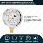 MEASUREMAN 2-1/2inch Dial Size, Oil Filled Pressure Gauge, 0-160psi/kpa, 304 Stainless Steel Case, 1/4inchNPT Lower Mount