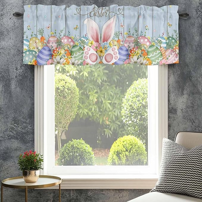Easter Curtain Valances for Windows, Kitchen Valance Window Treatment, Spring Eggs Rabbit Ear Flowers Wooden Grain Light Filtering Block Curtains for Bathroom/Bedroom/Living Room 54'' x 18''