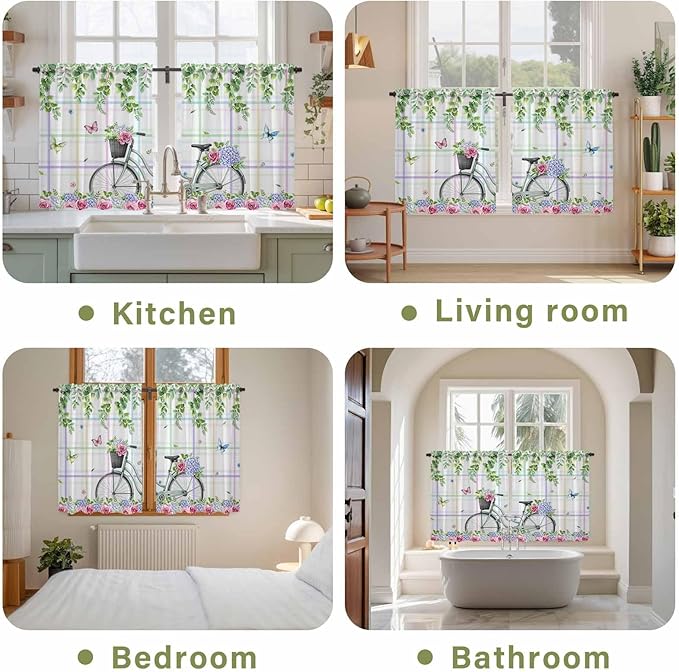 Spring Tier Curtains, Bicycles Botanical Leaves Rose Colorful Stripes Light Filtering Kitchen Curtains, 2Pcs Rod Pocket Half Window Treatments Panels for Sink Cafe Cabinet Basement 27.5x45 Inches