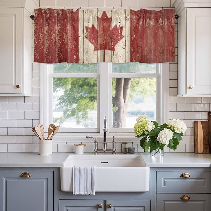 Canada Curtain Valances for Windows, Kitchen Valance Window Treatment, Red Maple Leaf Flag Vintage Farmhouse Wooden Grain Light Filtering Block Curtains for Bathroom/Bedroom/Living Room 42'' x 12''