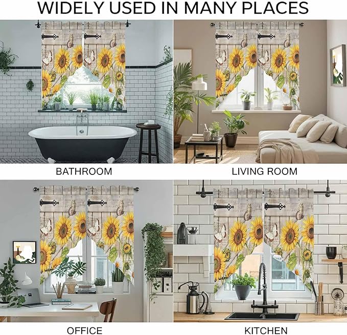 Farm Flowers Swag Valances for Windows, Retro Sunflowers Barn Doors Butterfly Wood Board Rod Pocket Kitchen Curtains Valance, Small Window Curtains Swag for Cafe Living Room, 2 Panels, 28x36 inch