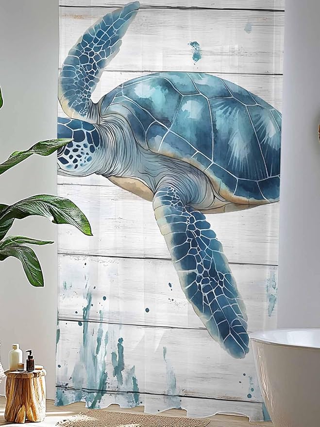 Sheer Curtains 84 Inches Long, Teal Green Ocean Turtle Semi Sheer Curtains Light Filtering Window Treatment, Coastal Seaweed Wood Grain Privacy Voile Drapes for Living Room Bedroom 52x84 Inch