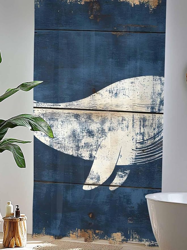 Sheer Curtains 96 Inches Long, Ocean Whale Blue Semi Sheer Curtains Light Filtering Window Treatment, Summer Sea Vintage Wooden Grain Privacy Voile Drapes for Living Room Bedroom 52x96 Inch